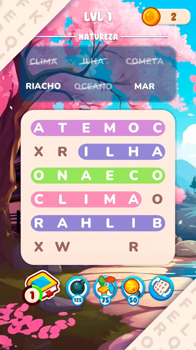 Ecrã do Caça Palavras: tema Natureza com as palavras clima, ilha, cometa, riacho, oceano e mar, e a grelha de letras com algumas já assinaladas a cor
